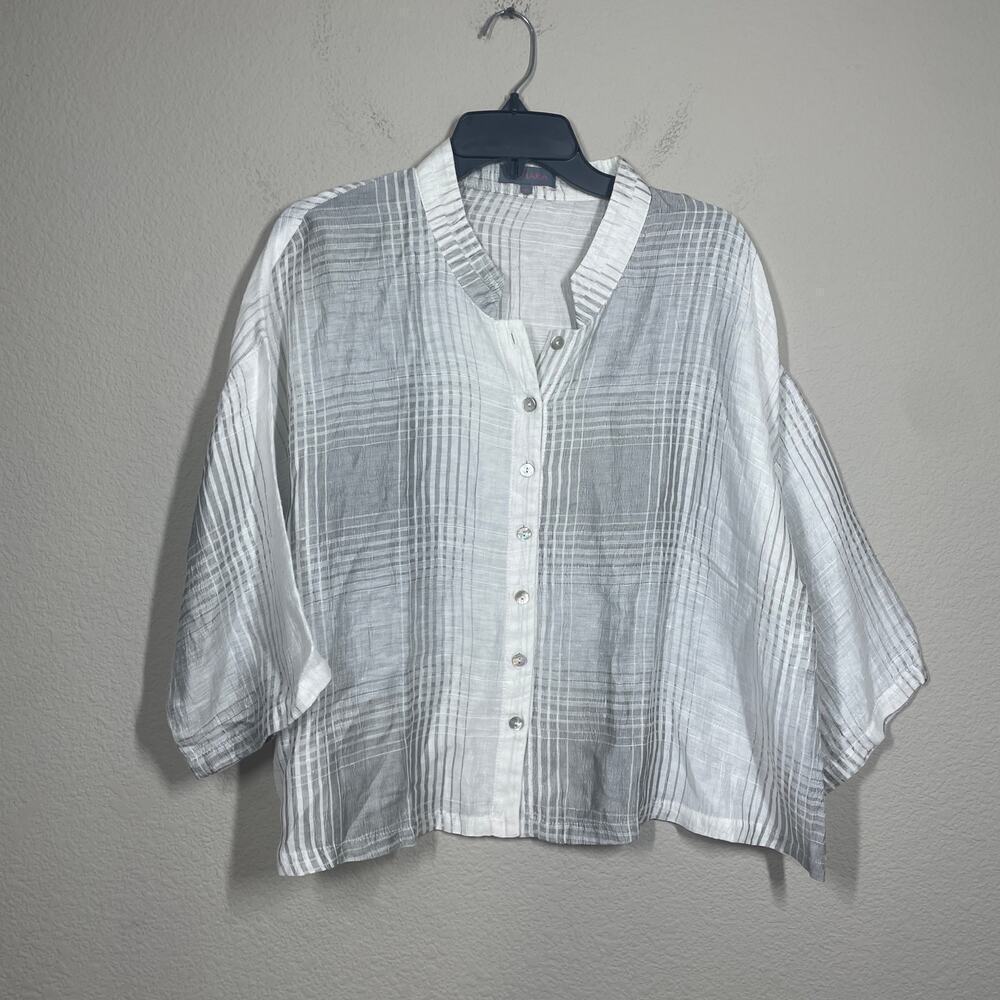Sahara M/L Plaid Striped Button Up Shirt Blouse White Gray Linen Blend